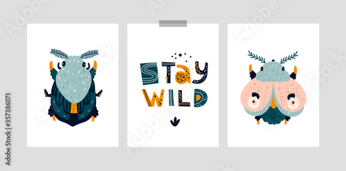 Childish cards or poster with cute bug, moth, butterfly. Stay wild moon child. Nursery prints with doodle hand drawn illustration isolated on white. Ideal for kids room decoration, clothing, prints
