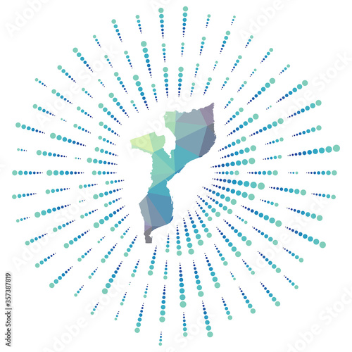 Shape of Mozambique, polygonal sunburst. Map of the country with colorful star rays. Mozambique illustration in digital, technology, internet, network style. Vector illustration.