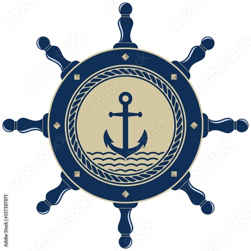 Nautisches Steuerrad mit Anker und Seil in marine blau und beige als Vektorauf einem isolierten weißen Hintergrund.