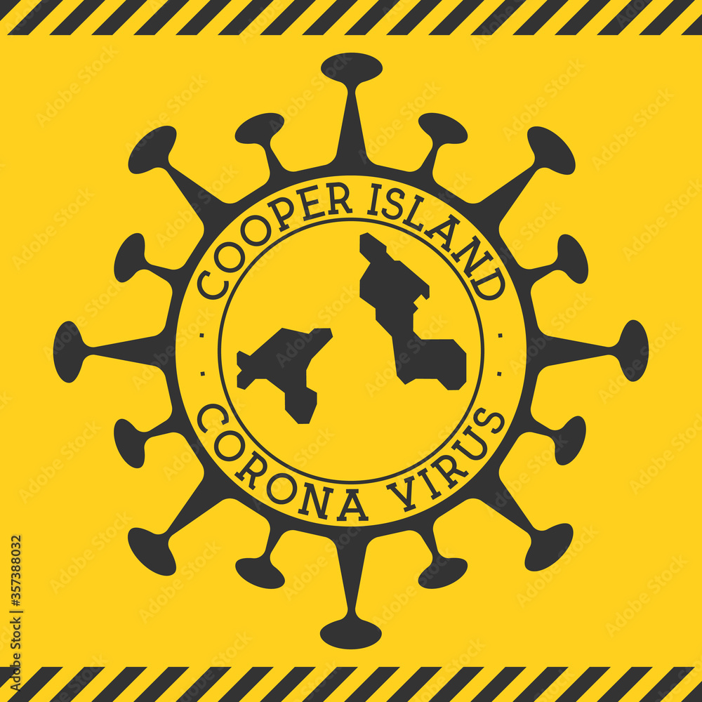 Corona virus in Cooper Island sign. Round badge with shape of virus and Cooper Island map. Yellow island epidemy lock down stamp. Vector illustration.