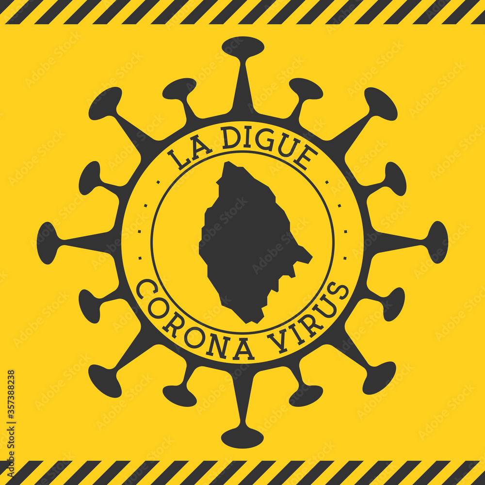 Corona virus in La Digue sign. Round badge with shape of virus and La Digue map. Yellow island epidemy lock down stamp. Vector illustration.