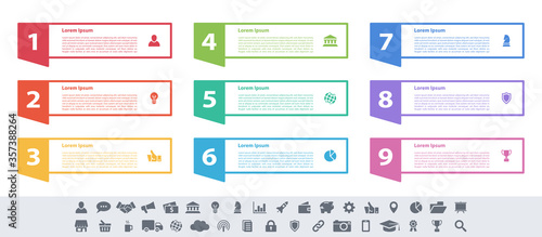 Infographic design business concept vector illustration with 9 steps or options or processes represent work flow or diagram or web button banner