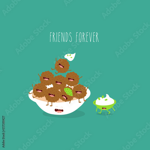 plate with falafel sauce friends forever. Vector illustration.