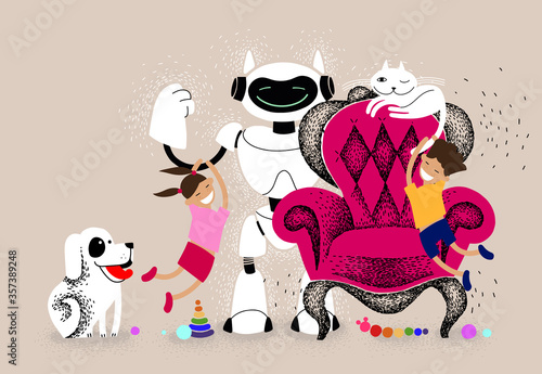 Children play at home with pets and robot. Robot nanny is watching over the children. Futuristic assistant babysitter. Robotic friend.