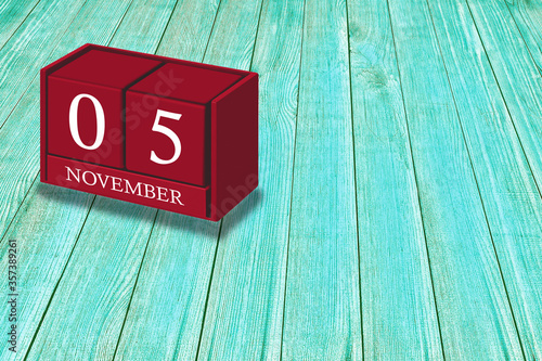 Wallpaper Mural November 5th, Day 05 of November month, Red calendar on workplace green wood, Empty space for text, Copy space right, 3D illustration Torontodigital.ca