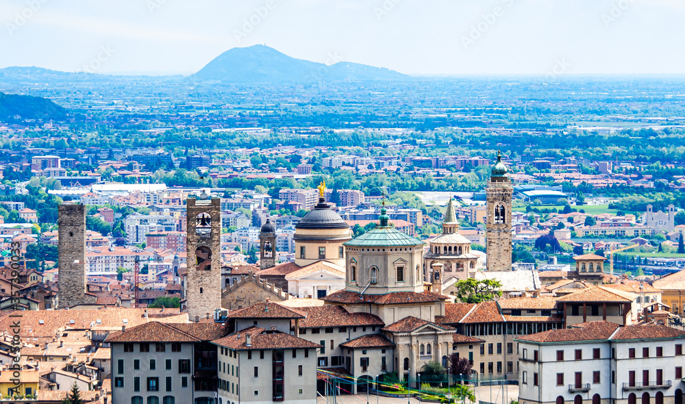 Bergamo, Lombardia, Italy, 09/05/2019, View from the hills of the main religious complexes of Bergamo Alta