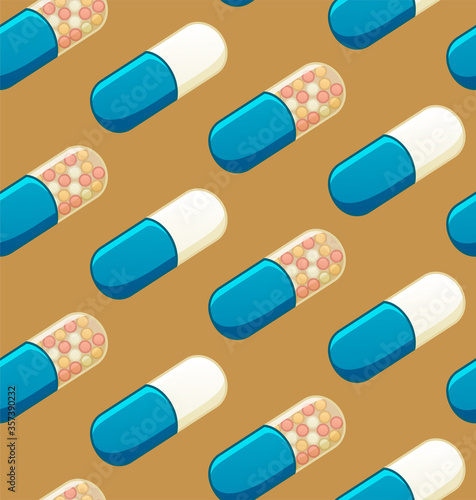 Flat style oval capsule pills seamless pattern on mustard background
