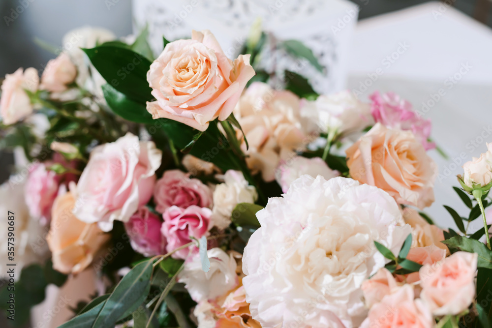 Wedding flower arrangement and decoration. Empty copyspace and space for text. Holiday accessories and backgrounds Wedding flower arrangement and decoration. Empty copyspace and space for text. Holiday accessories and backgrounds