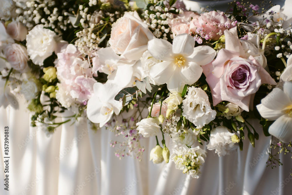 Wedding flower arrangement and decoration. Empty copyspace and space for text. Holiday accessories and backgrounds Wedding flower arrangement and decoration. Empty copyspace and space for text. Holiday accessories and backgrounds