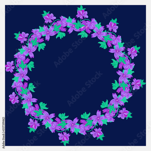 Floral round frame from gallant mallow wild flowers. Greeting card template. Design artwork for the poster, tee shirt, pillow, home decor. Summer garden flowers wreath.