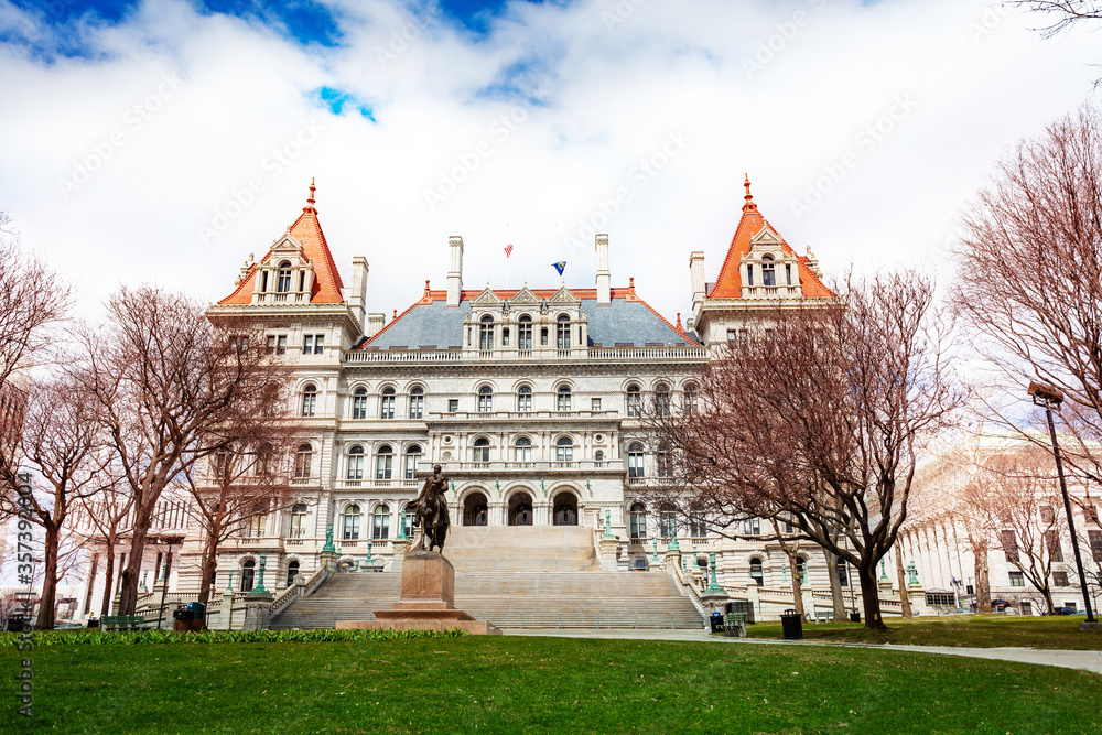 New York State Capitol building from East Park panorama with statue of General Philip Sheridan, Albany