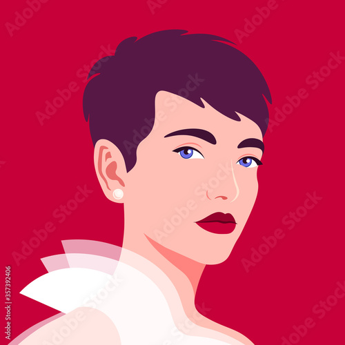 Portrait of a beautiful girl in half-turn. Young brunette woman. Avatar for social networks. Fashion and beauty. Bright vector illustration in flat style.