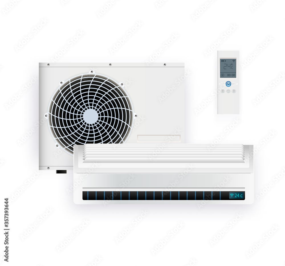 Split system air conditioner inverter. Cool and cold climate control system. Realistic conditioning with remote controller. Vector illustration Split system air conditioner inverter. Cool and cold climate control system. Realistic conditioning with remote controller. Vector illustration