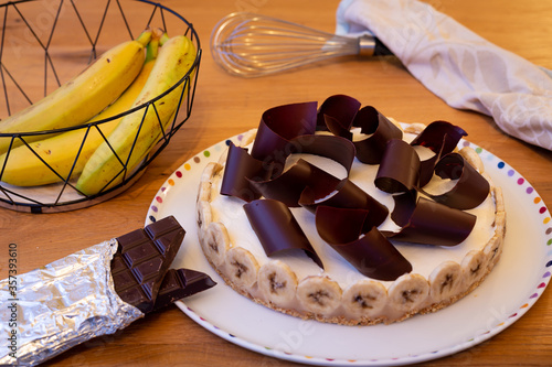 Banofee pie on a wooden table
