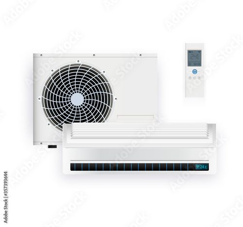 Split system air conditioner inverter. Cool and cold climate control system. Realistic conditioning with remote controller. Vector illustration