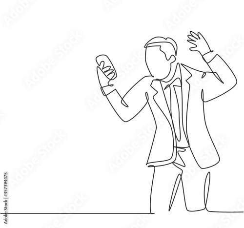 One single line drawing of young angry businessman screaming his workers on phone call because of reckless work. Anger management at the office concept continuous line draw design vector illustration