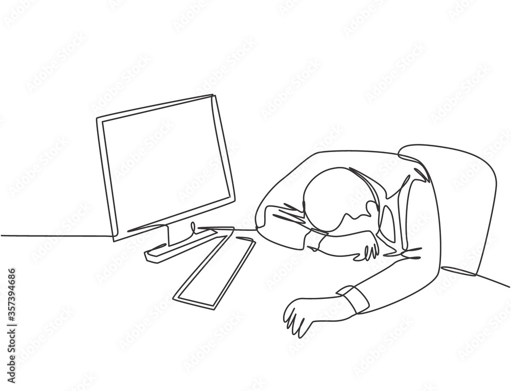 One single line drawing of young tired male employee sleeping on the ...