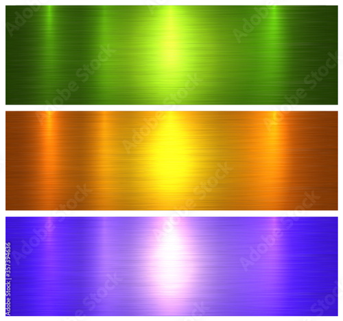Metallic textures, colorful brushed metal backgrounds, vector illustration.