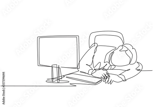 Single continuous line drawing of young sleepy startup CEO fall asleep on work desk while he was reading. Work overload fatigue at the office concept one line draw design graphic vector illustration