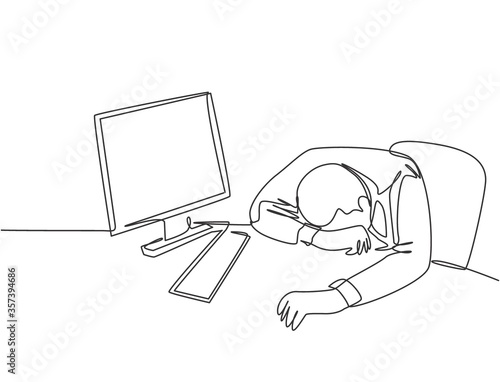 One single line drawing of young tired male employee sleeping on the work desk with computer. Work overload fatigue concept continuous line draw design vector illustration