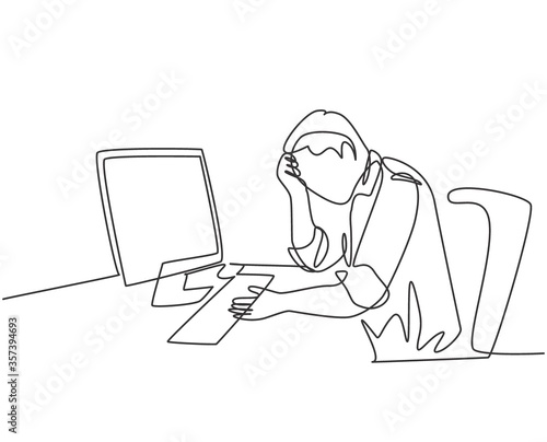 Single continuous line drawing of young tired businessman feel dizzy while he is working at office. Work fatigue after overload job concept. Trendy one line draw design graphic vector illustration