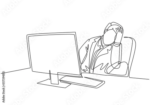 Single continuous line drawing of young sleepy businessman fall asleep on office chair with computer turn on at work desk. Work fatigue concept one line draw design vector illustration