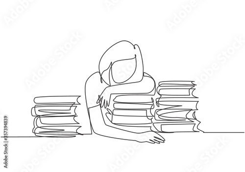 One single line drawing of young bored female college student fall asleep on pile of books while studying at library. Learning concept. Modern continuous line draw design graphic vector illustration