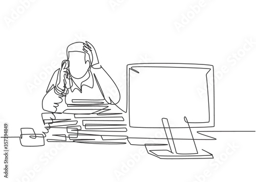 Single continuous line drawing of young bored male worker receiving phone call from customer behind stack of paper. Daily overload job at the office concept. One line draw design vector illustration