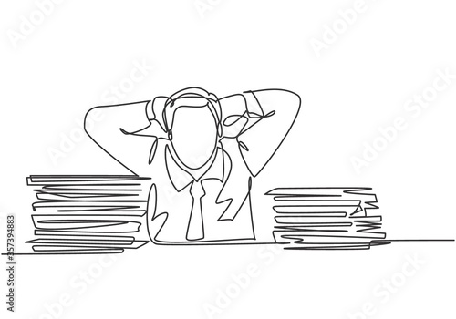 Single continuous line drawing of young frustrated businessman got headache facing pile of papers project on his desk. Overtime work at the office concept one line draw design vector illustration