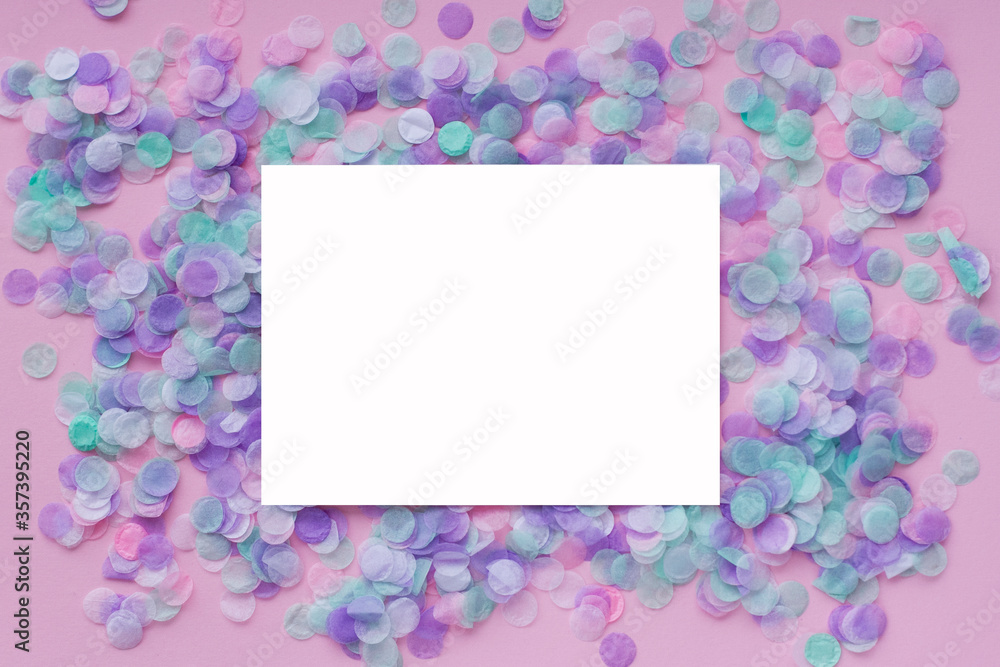 Colorful celebration background with confetti. Place for text.Top view flat lay. Festive holiday bright background.