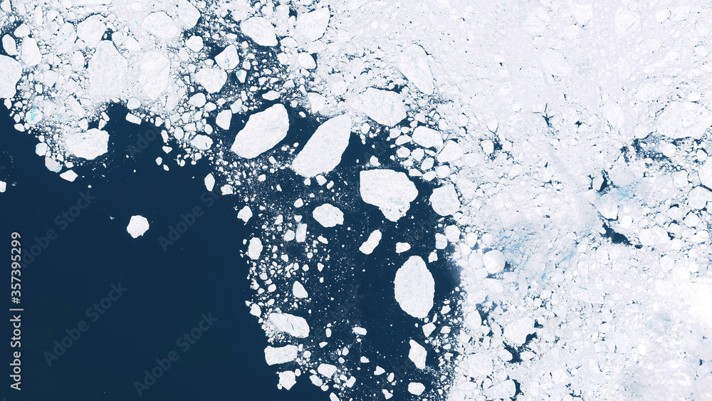 Glaciers and ice melting in the North, satellite image showing the environmental situation - obrazy, fototapety, plakaty 