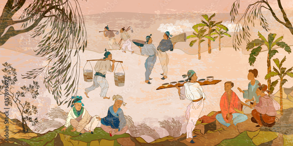 Stockvector Ancient China. Oriental people. Tea ceremony. Old village