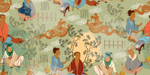 Ancient China seamless pattern. Oriental people. Tea ceremony. Traditional Chinese paintings. Tradition and culture of Asia. Classic wall drawing. Murals and watercolor asian style