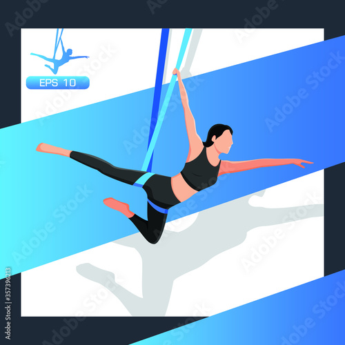 Young girl doing fly yoga in a hammock. 