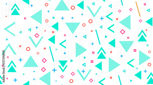 Vector seamless background, abstract geometry, memphis. Multi-colored rhombuses, triangles, pluses, circles, hyphens, perforations.