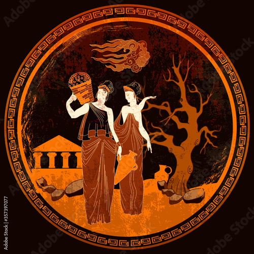 Ancient Greece. Goddess. Greek vase painting. Mythology and legends. Red figure techniques. Meander circle style