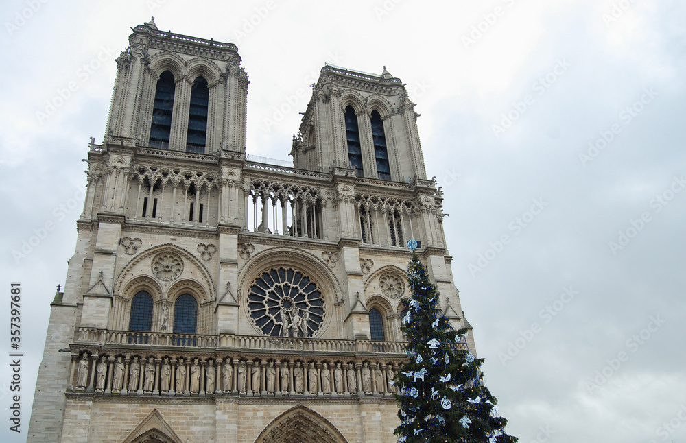 The last Christmas of Notre Dame, Paris. Front view of the cathedral with Christmas tree. 