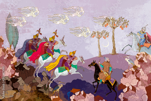 Ottoman Empire. Persian frescoes. Ancient civilization murals. Battle scene. Fairy tales and legends of the Middle East. Medieval miniature. Mughal art