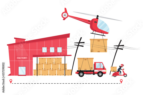 A logistic company deliver a parcel or a box from factory to customer by red scooter, truck and helicopter following an order lists from company
