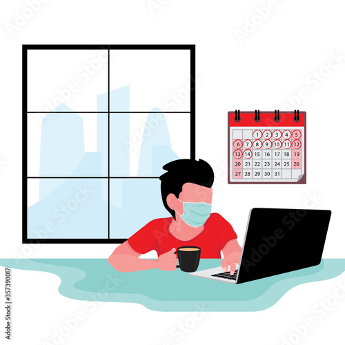 A man in red who wearing mask is staying home during quarantine period feature computer and calendar