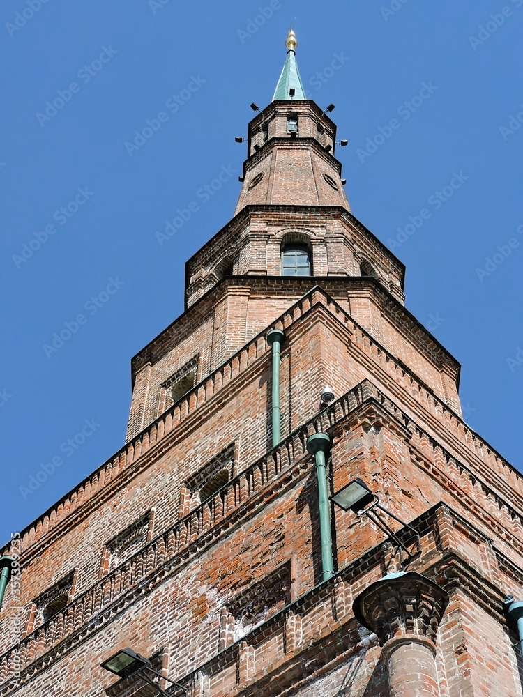 Upwards view onto leaning Soyembika Tower in Kazan, Russia. This is most famous symbol of city. It has height about 193 feet. Tower is part of Kazan Kremlin complex & it's most popular among tourists