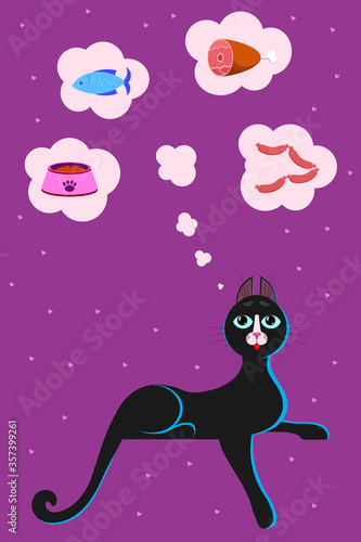 Food for cats and pets. A cute cartoon cat with big blue eyes lies on a flat surface, hanging its paw and thinks, dreams about different foods. Vector