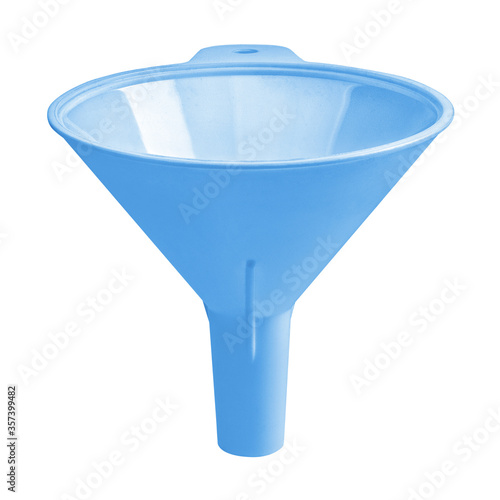 Close-up of blue plastic funnel, isolated on white background