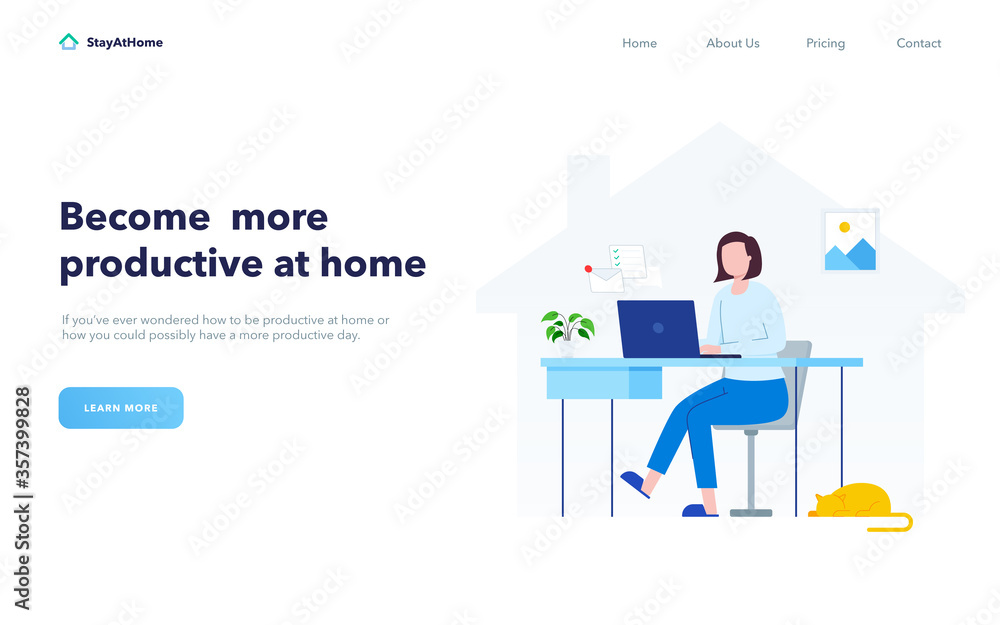 Remote working illustration concept, woman sitting at desk and working on laptop at home. female freelancer working at workplace Remote working illustration concept, woman sitting at desk and working on laptop at home. female freelancer working at workplace