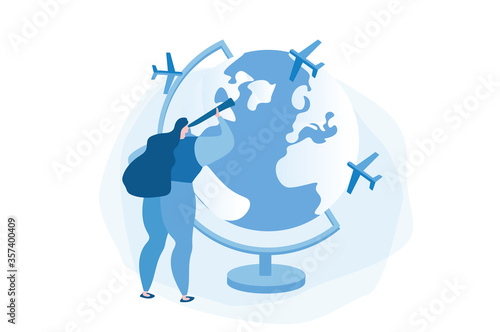 Time to travel. woman standing near globe, Vector illustration for web banner, infographics, mobile. 