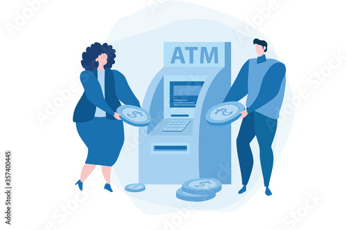 People  near ATM machine,  female assistant helping clients,  Vector illustration, perform financial transactions using ATM. Consultant near automated teller machine for customer with coins around. 