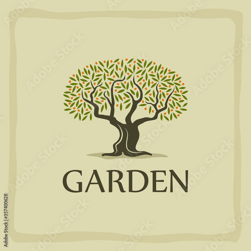 Vector illustrated graphic featuring silhouette of a tree above the garden text
