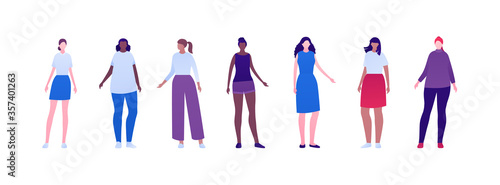 Casual people diversity concept collection. Vector flat character illustration set. Woman group with different body weight and ethnic. African, caucasian, hispanic. Design element for avatar, banner