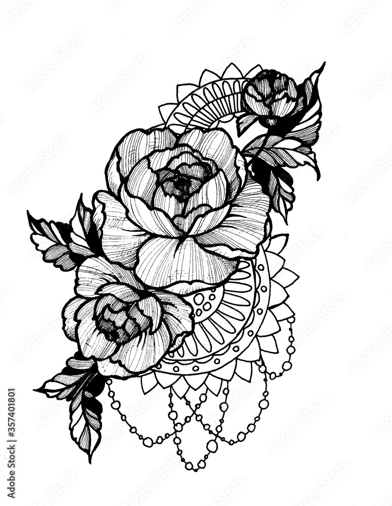 Hand drawn black and white sketch of roses and abstract elements, tattoo design