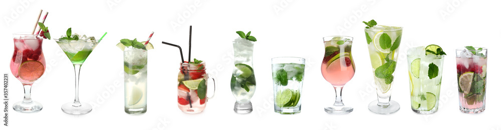 Different fresh mojito cocktails on white background Different fresh mojito cocktails on white background